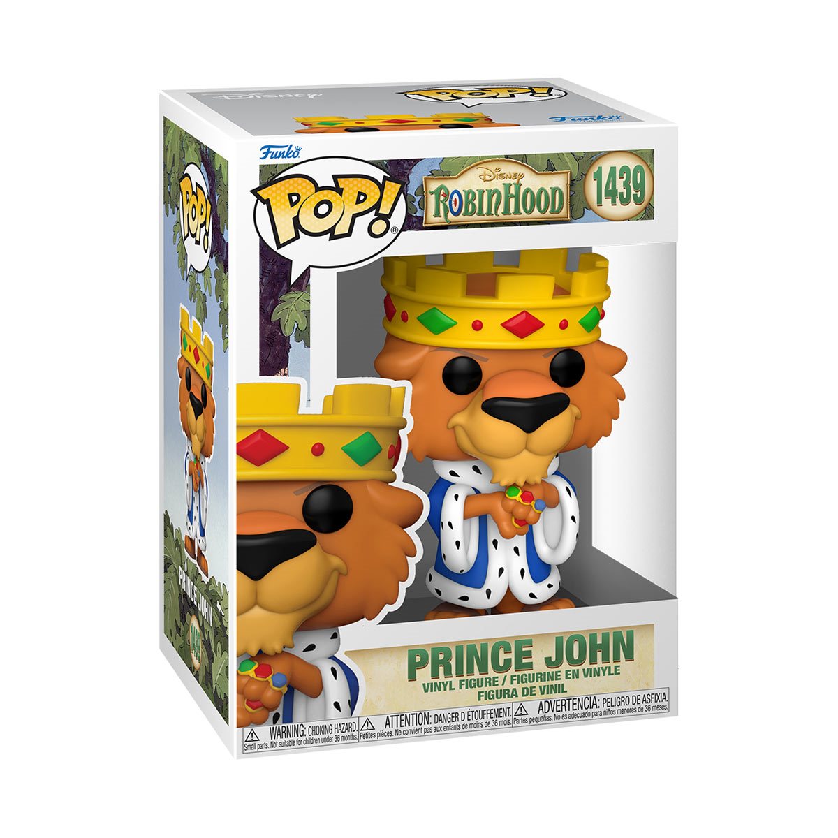 A cardboard box with a transparent front, containing a bobblehead figure depicting Prince John from Disney's animated "Robin Hood" film, wearing his royal robe and crown. His hands are covered in gold rings.