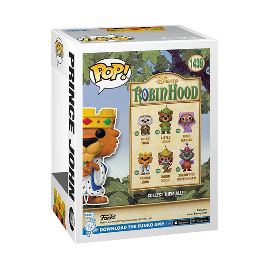 A cardboard box with a transparent front, containing a bobblehead figure depicting Prince John from Disney's animated "Robin Hood" film, wearing his royal robe and crown. His hands are covered in gold rings.
