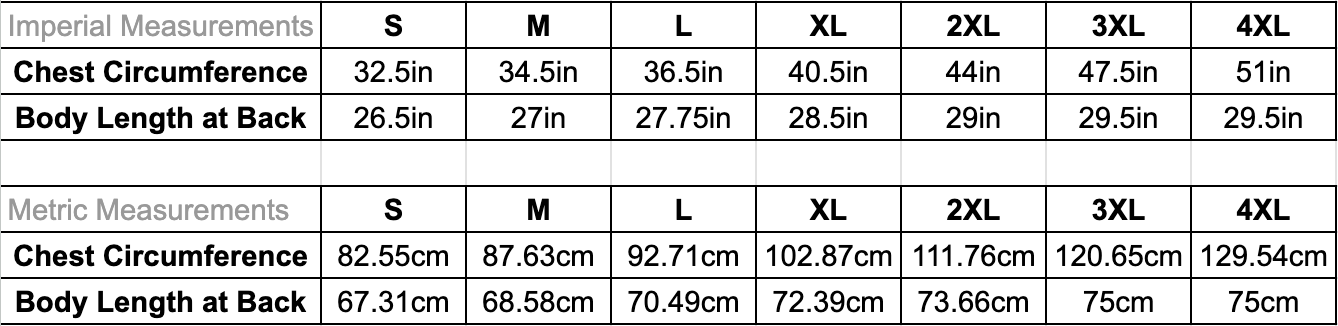 A size chart, depicting the tank top measurement in black text on a white background.