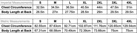 A size chart, depicting the tank top measurement in black text on a white background.