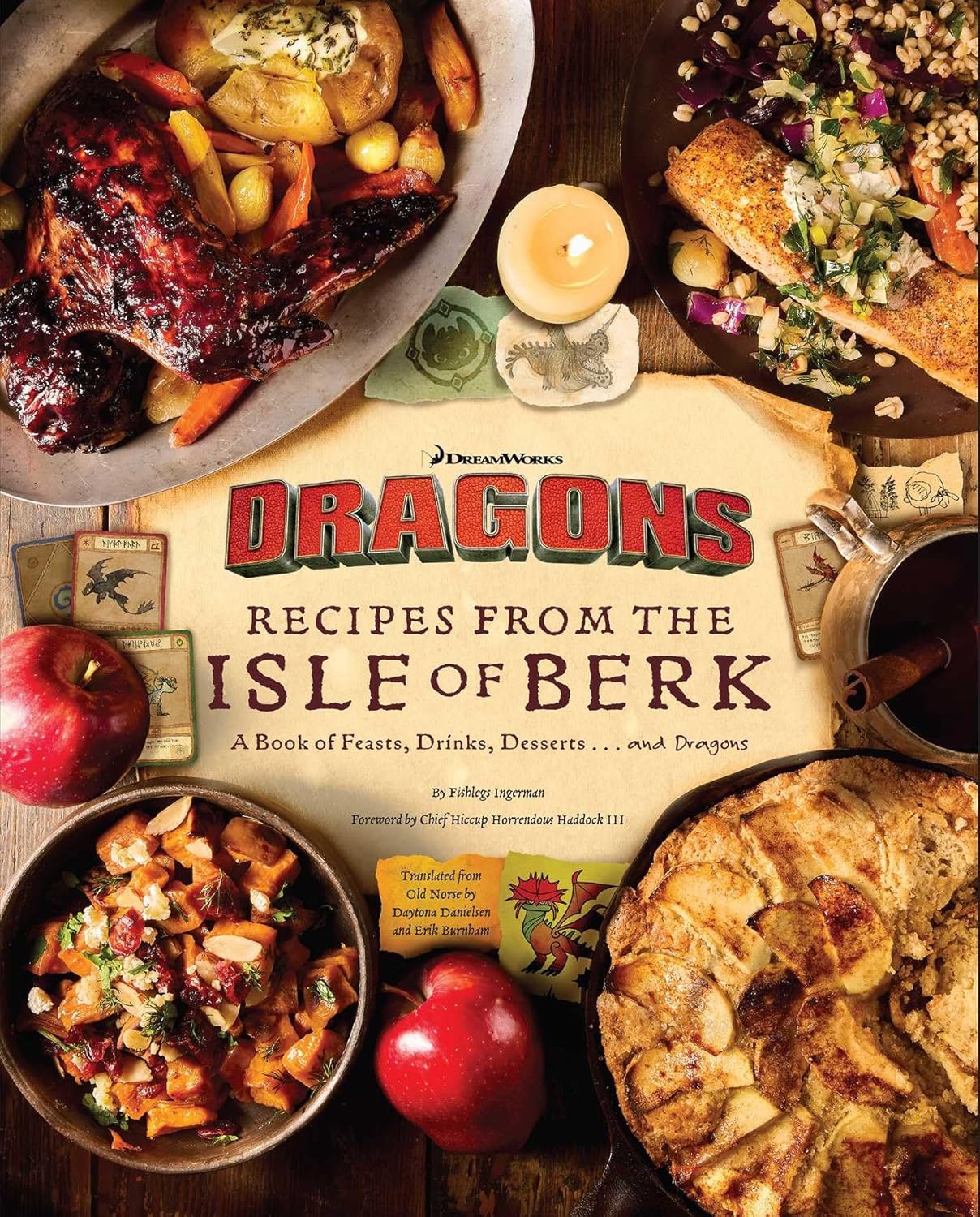 A hardcover recipe book themed around the Dreamworks movie "How To Train Your Dragon." Text on the front says "Recipes from the isle of Berk."