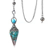 Turquoise pendant necklace with silver chain on a white background