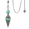 A metal pendulum on a chain, with a green cone-shaped crystal at the end.