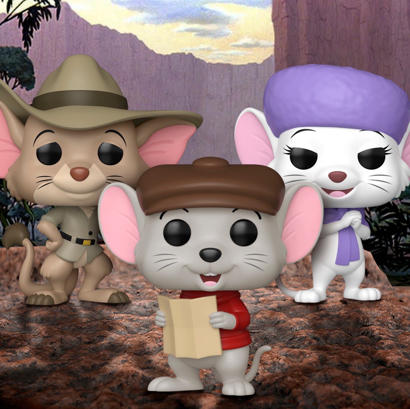 Three bobblehead figures depicting characters from The Rescuers Down Under. The figures are on a rocky ledge, with cliffs in the background