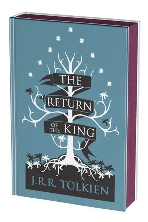 A blue hardcover book on a white background. The front cover depicts a minimalist drawing of a white tree on a black ground. White text says "The Return of the King."