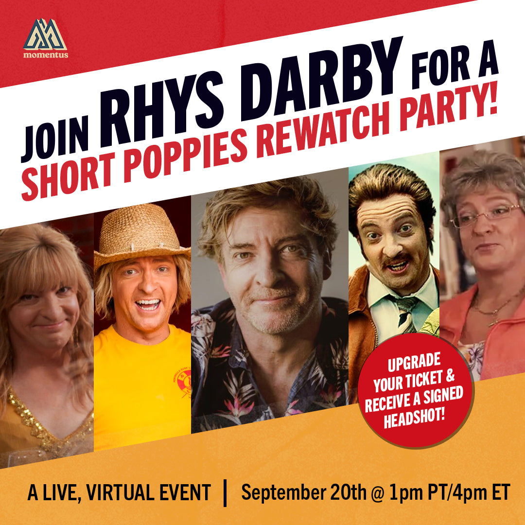 Promotional graphic for a virtual event titled 'Join Rhys Darby for a Short Poppies Rewatch Party!'. The design features a red and white diagonal banner with bold black and red text, a circular badge offering a signed headshot, and a collage of five photos of the band members from left to right: Jane Birks, Rhys Darby in a straw hat and yellow shirt, Rhys Darby in a floral shirt, Markéta Lunt, and Gillian Murphy.