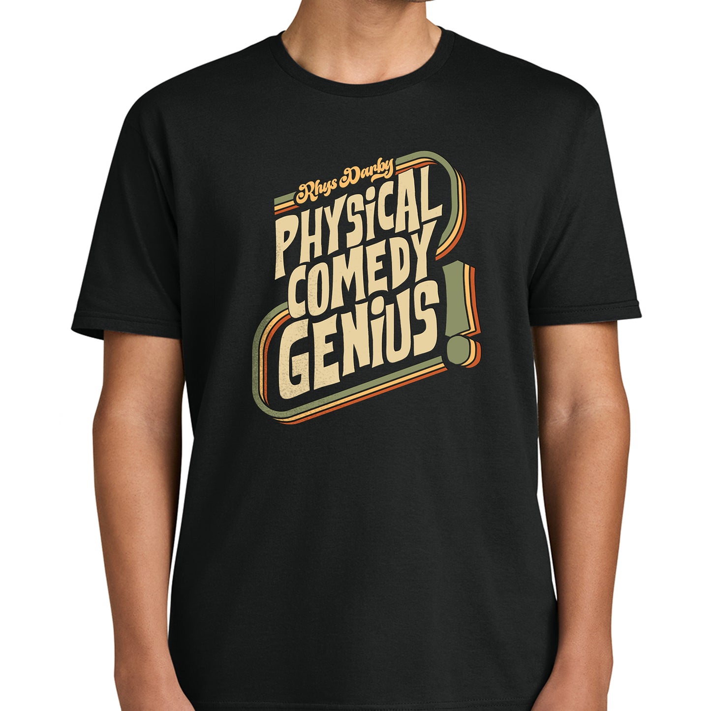 Black t-shirt with 'Physical Comedy Genius' text design on a white background