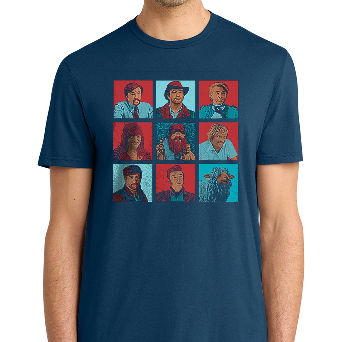 Navy blue t-shirt with graphic of multiple portraits on a white background