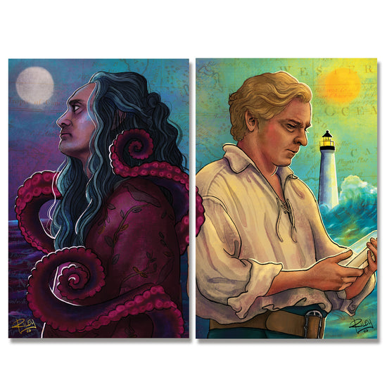 Two paintings of characters from Our Flag Means Death, side by side, against a white background. The left painting depicts Ed, staring into the night sky. The right painting depicts Stede, looking at a glass bottle with the sea and a lighthouse behind him.