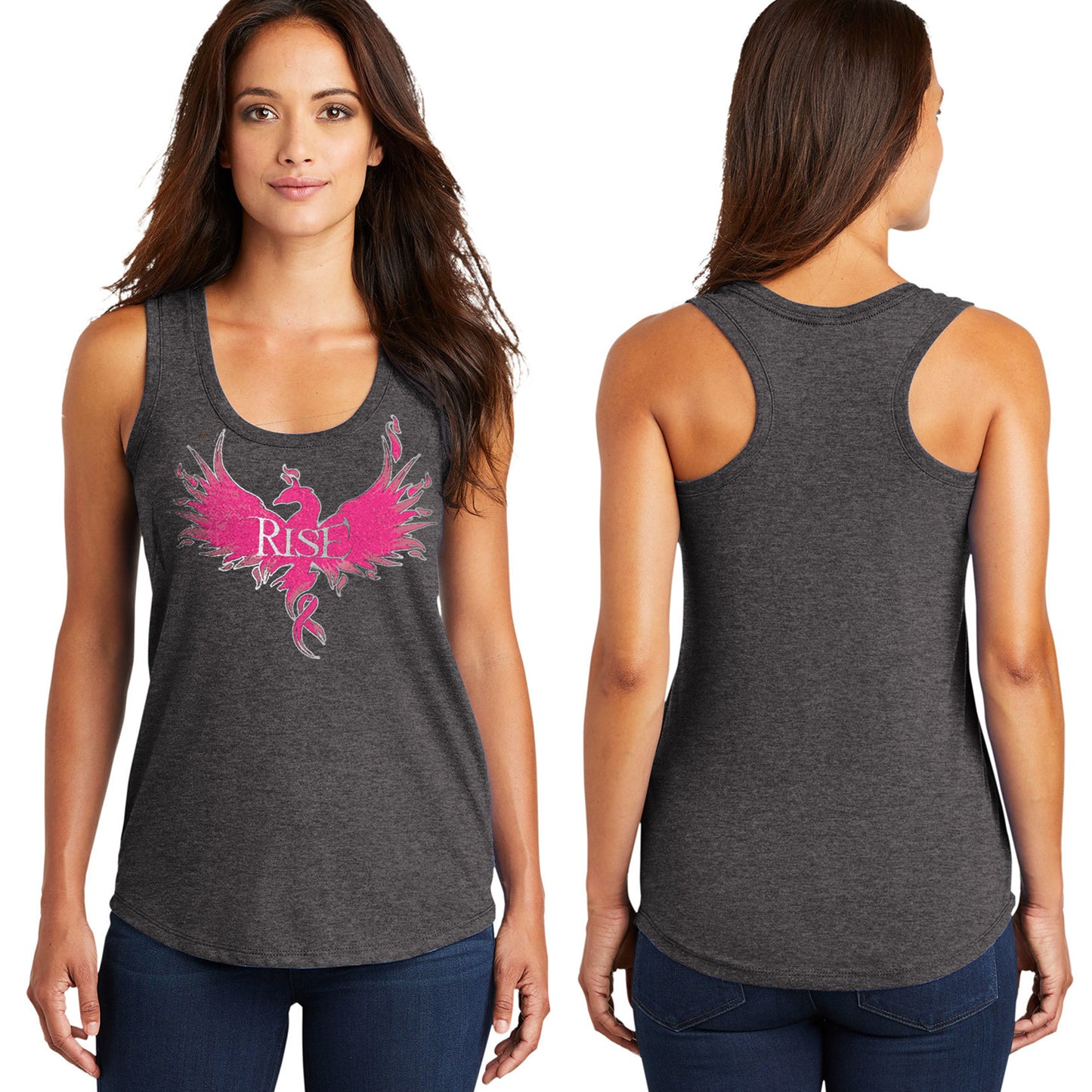 Front and back of a female model in a grey tank top. On the front is a pink phoenix with silver text saying "Rise" in the center.