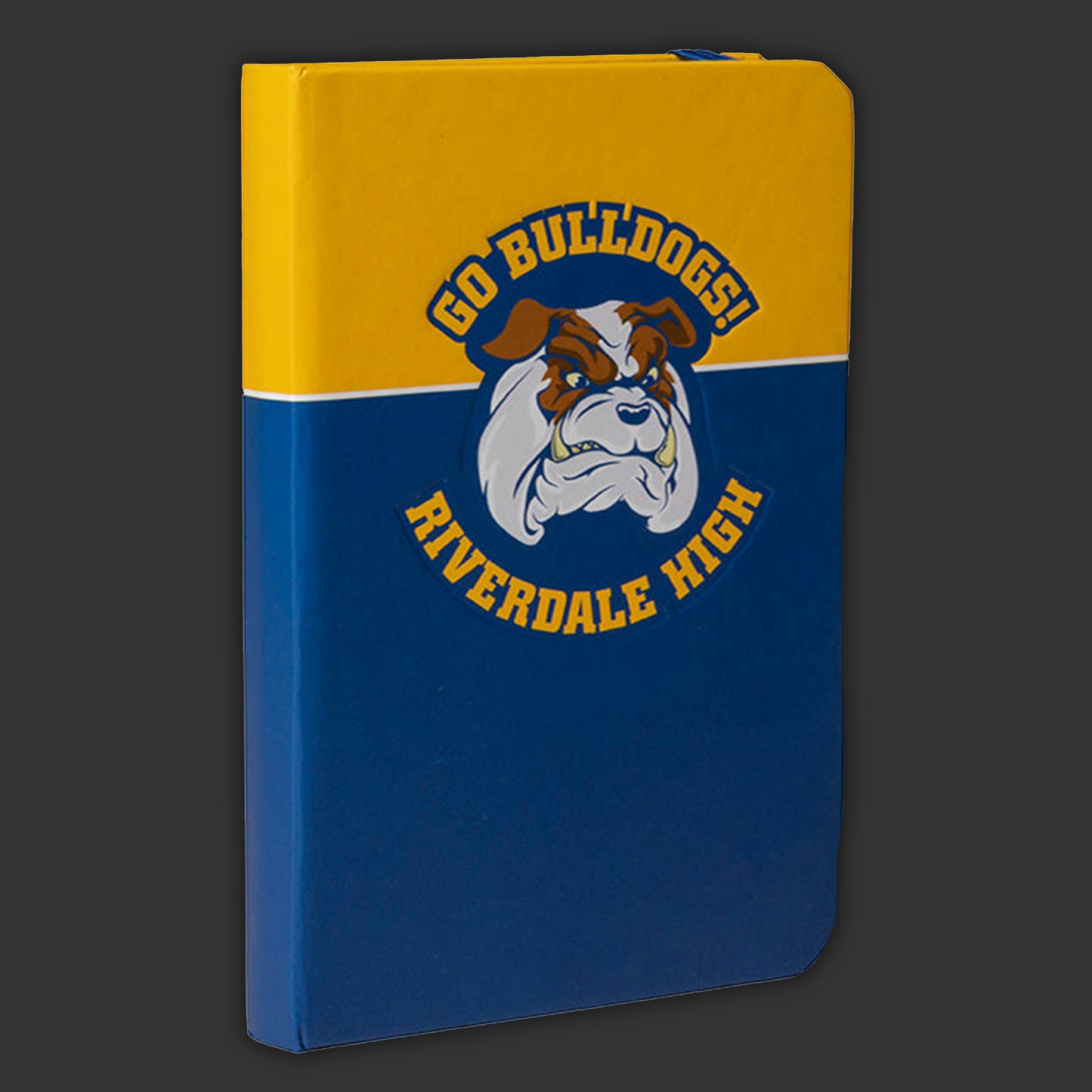 Notebook with bulldog design and 'Go Bulldogs!' text on a yellow and blue background