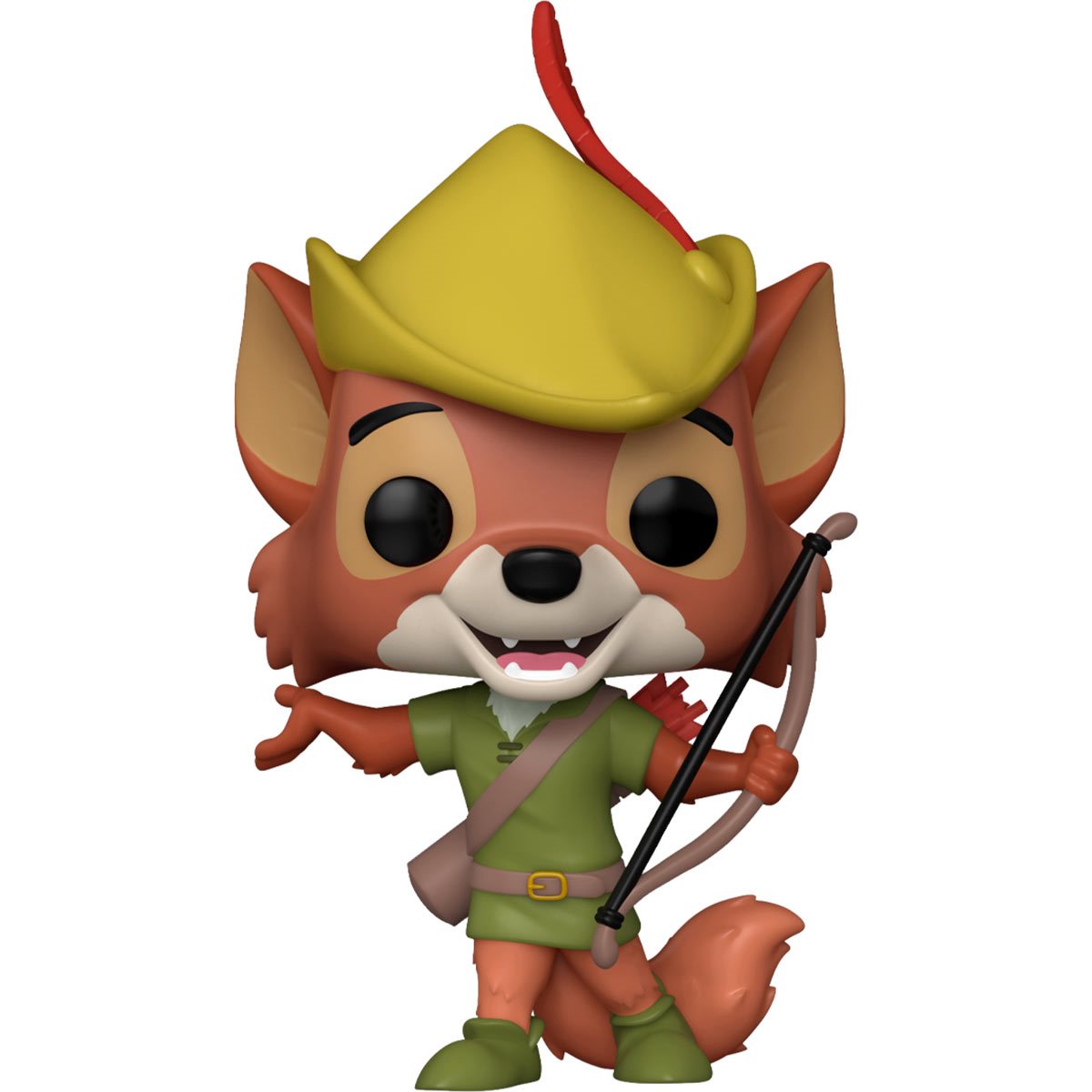 A bobblehead figure depicting Robin Hood from Disney's animated "Robin Hood" film, in his signature green outfit and hat, against a white background. He is clutching a wooden bow in one hand.