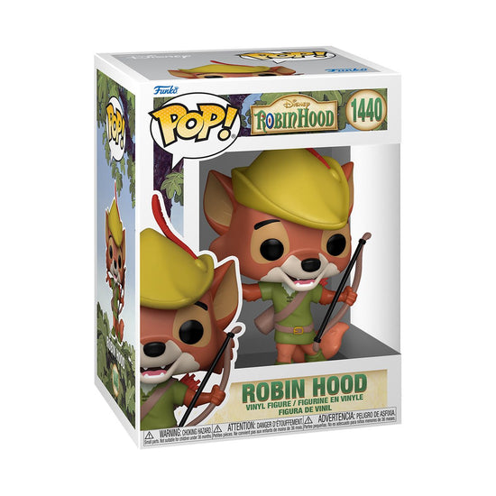 A cardboard box with a transparent front, containing a bobblehead figure depicting Robin Hood from Disney's animated "Robin Hood" film, in his signature green outfit and hat. He is clutching a wooden bow in one hand.