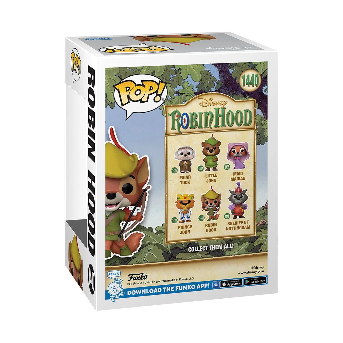 A cardboard box with a transparent front, containing a bobblehead figure depicting Robin Hood from Disney's animated "Robin Hood" film, in his signature green outfit and hat. He is clutching a wooden bow in one hand.