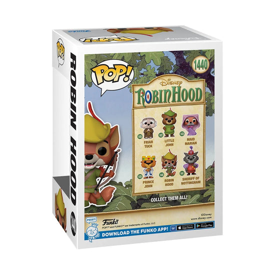 A cardboard box with a transparent front, containing a bobblehead figure depicting Robin Hood from Disney's animated "Robin Hood" film, in his signature green outfit and hat. He is clutching a wooden bow in one hand.