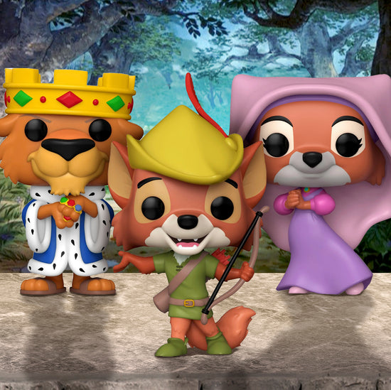 Three bobblehead figures depicting characters from Disney's Robin Hood, on a stone ledge in front of a forest background.