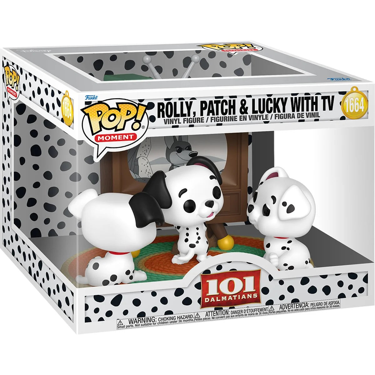 Funko Pop! vinyl figures of Rolly, Patch, and Lucky from 101 Dalmatians in packaging.