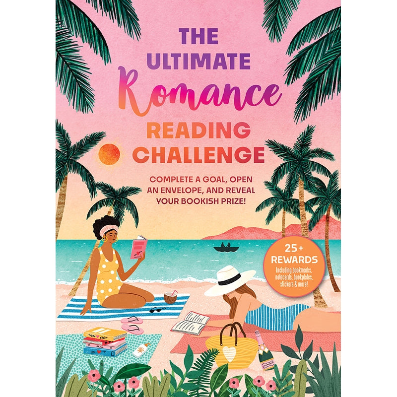 A romance-novel themed binder, featuring a drawing of beachgoers reading in front of the water. Text at the top says The ultimate romance reading challenge.