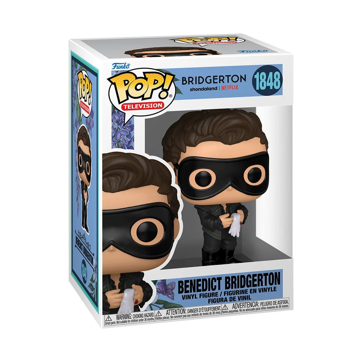 A cardboard box with a transparent front, containing a bobblehead figure depicting Benedict Bridgerton, dressed in black with a black mask over his eyes. He's carrying a pair of white gloves in his hands.