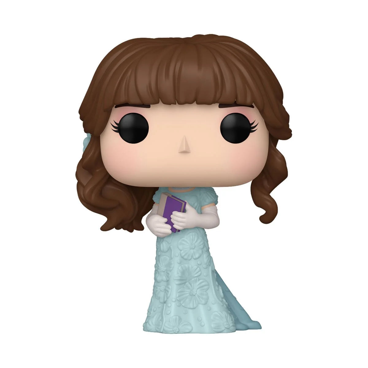 A bobblehead figure depicting Eloise Bridgerton, wearing a light blue gown. She is carrying a purple book in her hands.