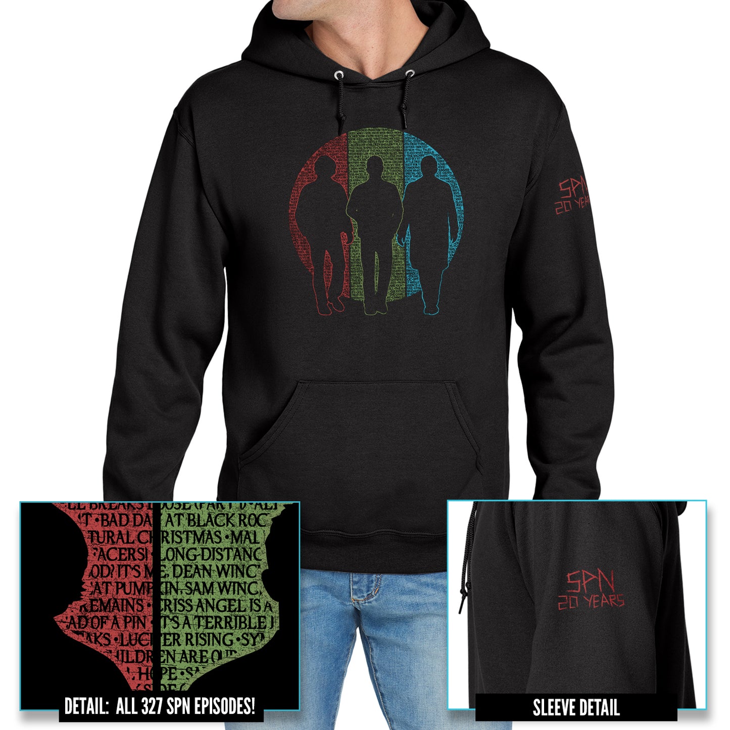 A male model wearing a black hoodie. The shirt features silhouettes of Sam and Dean Winchester and Castiel. Behind them is a circle split into vertical thirds - a red slice behind Sam, green behind Dean, and blue behind Castiel. The circle is filled with the titles of all 327 episodes of Supernatural in black font. One short sleeve reads 'SPN 20 YEARS' in a capital font with a 'carved' effect.