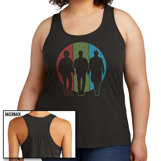 Two images of a female model wearing a dark grey racerback tank top. The front features silhouettes of Sam and Dean Winchester and Castiel. Behind them is a circle split into vertical thirds - a red slice behind Sam, green behind Dean, and blue behind Castiel. The circle is filled with the titles of all 327 episodes of Supernatural in black font.