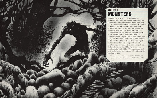 A two-page spread from the book. In the background is a black and white drawing of a shadowy monster in a forest. Inside is a white box with black text saying "section 1: monsters."