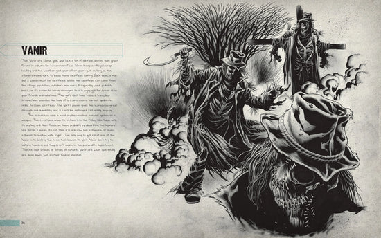 Load image into Gallery viewer, A two-page spread from the book. On the left is black text saying &amp;quot;vanir,&amp;quot; with a description of the creature under. On the right is a black and white drawing of scarecrow-like creatures in a field.
