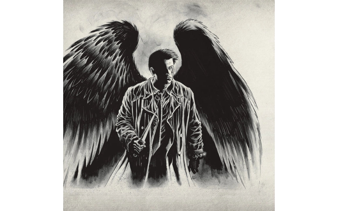 A black and white drawing of the angel Castiel from the TV series Supernatural.