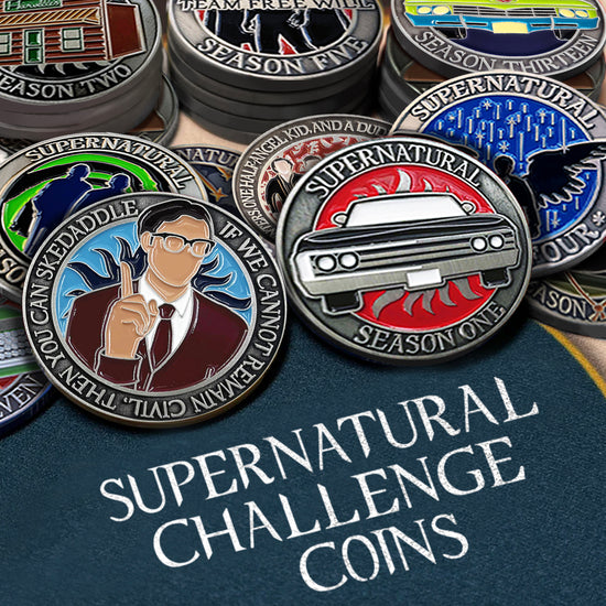 Load image into Gallery viewer, An image of stacks of Supernatural challenge coins. The back rows are neatly stacked, while the front row has coins scattered on top of each other as if tossed onto the table top. The bottom reads &amp;quot;Supernatural Challenge Coins&amp;quot; in white all-caps.
