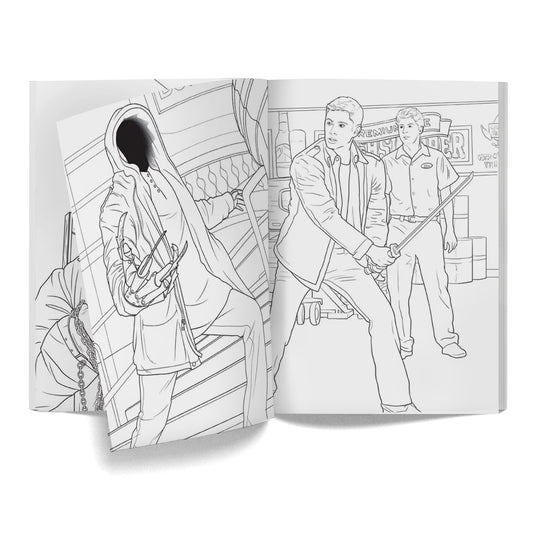 Load image into Gallery viewer, A black and white drawing of Dean battling a monster in a store.
