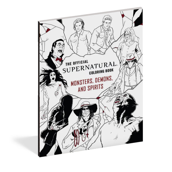 A black and white drawing with Sam, Dean, and various monsters they've encountered in the series.A black and white image of various monsters from the TV series Supernatural, with the Winchester Brothers at the top. In the center in black and red text is the title "The Official Supernatural Coloring Book: Monsters, Demons, and Spirits." 
