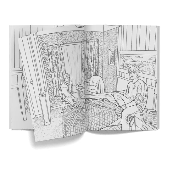 Load image into Gallery viewer, A black and white drawing of Sam and Dean sitting in a run down motel room.
