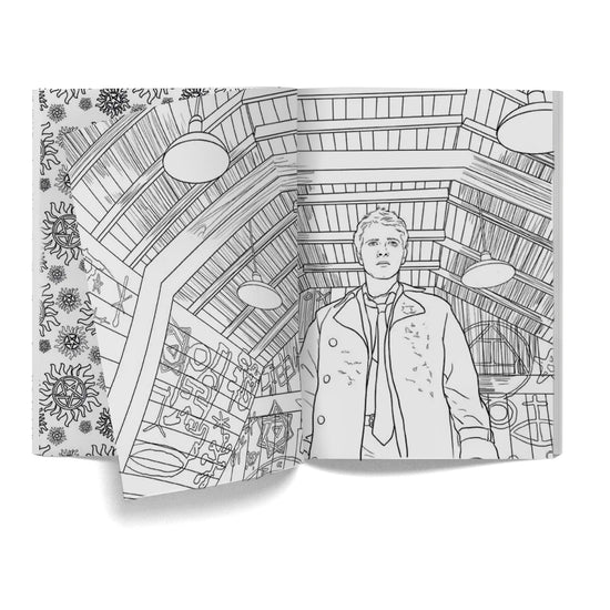 Load image into Gallery viewer, A black and white page of the coloring book, showing Castiel in a wooden room with hex symbols on the walls.
