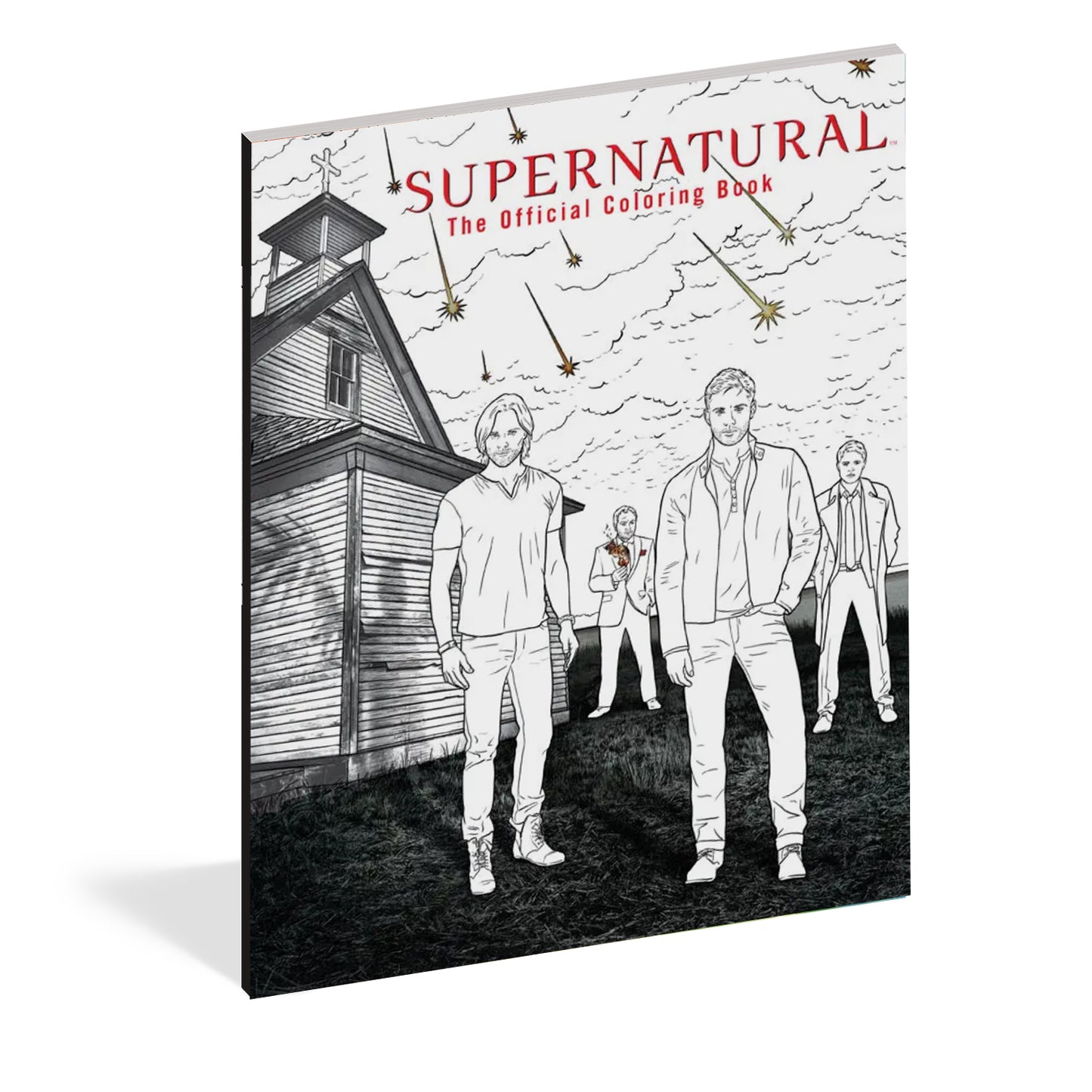 Load image into Gallery viewer, A black and white drawing of Sam, Dean, Castiel, and Crowley standing next to a church. 
