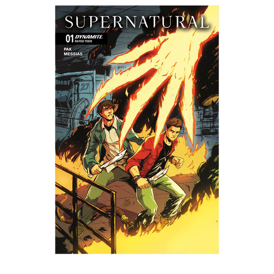 An image of Issue number 1 of the Supernatural comic book. The cover depicts a drawing of Sam and Dean Winchester battling a giant fiery hand in a factory. White text at the top says "Supernatural. 01"