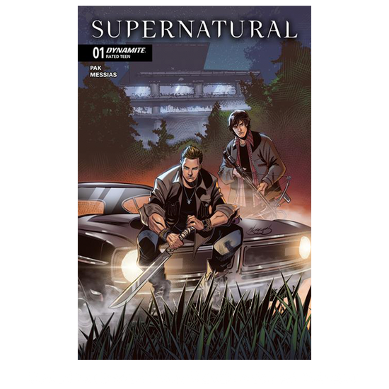 An image of Issue number 1 of the Supernatural comic book. The cover depicts a drawing of Sam and Dean Winchester sitting on the hood of a black 1967 Chevy Impala. In the background are trees and a large factory. White text at the top says "Supernatural. 01"