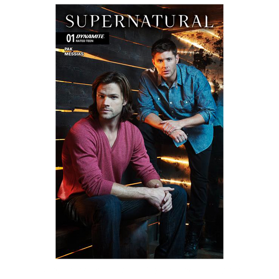 An image of Issue number 1 of the Supernatural comic book. The cover depicts Sam and Dean Winchester sitting against a slatted wooden wall. White text at the top says "Supernatural. 01"