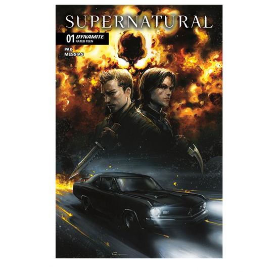 An image of Issue number 1 of the Supernatural comic book. The cover depicts a drawing of Sam and Dean Winchester above a drawing of a black 1967 Chevy Impala. Behind them is a cloud of flames. White text at the top says "Supernatural. 01"
