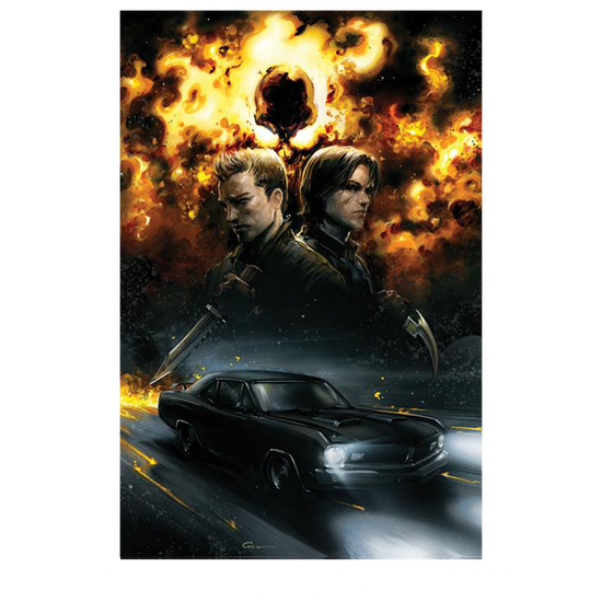 An image of Issue number 1 of the Supernatural comic book. The cover depicts a drawing of Sam and Dean Winchester above a drawing of a black 1967 Chevy Impala. Behind them is a cloud of flames. White text at the top says "Supernatural. 01"