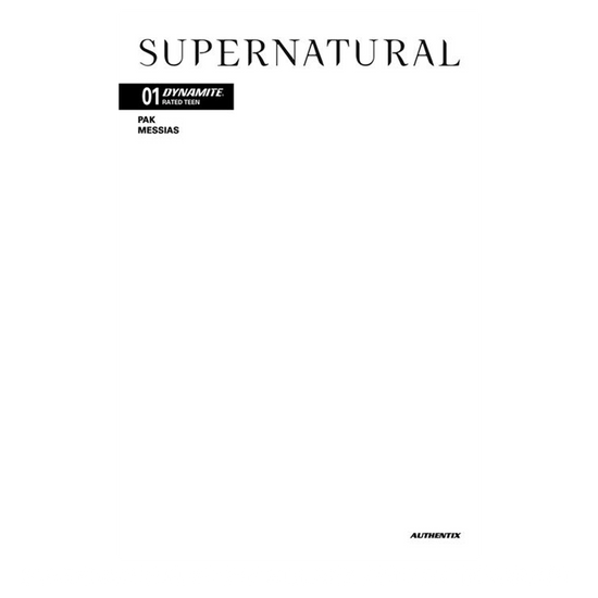 An image of Issue number 1 of the Supernatural comic book. The cover is completely white. Black text at the top says "Supernatural. 01"