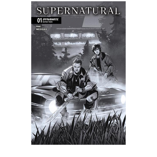 An image of Issue number 1 of the Supernatural comic book. The cover depicts a black and white drawing of Sam and Dean Winchester sitting on the hood of a black 1967 Chevy Impala. In the background are trees and a large building. White text at the top says "Supernatural. 01"