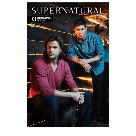 An image of Issue number 1 of the Supernatural comic book. The cover depicts Sam and Dean Winchester sitting against a slatted wooden wall. White text at the top says "Supernatural. 01"