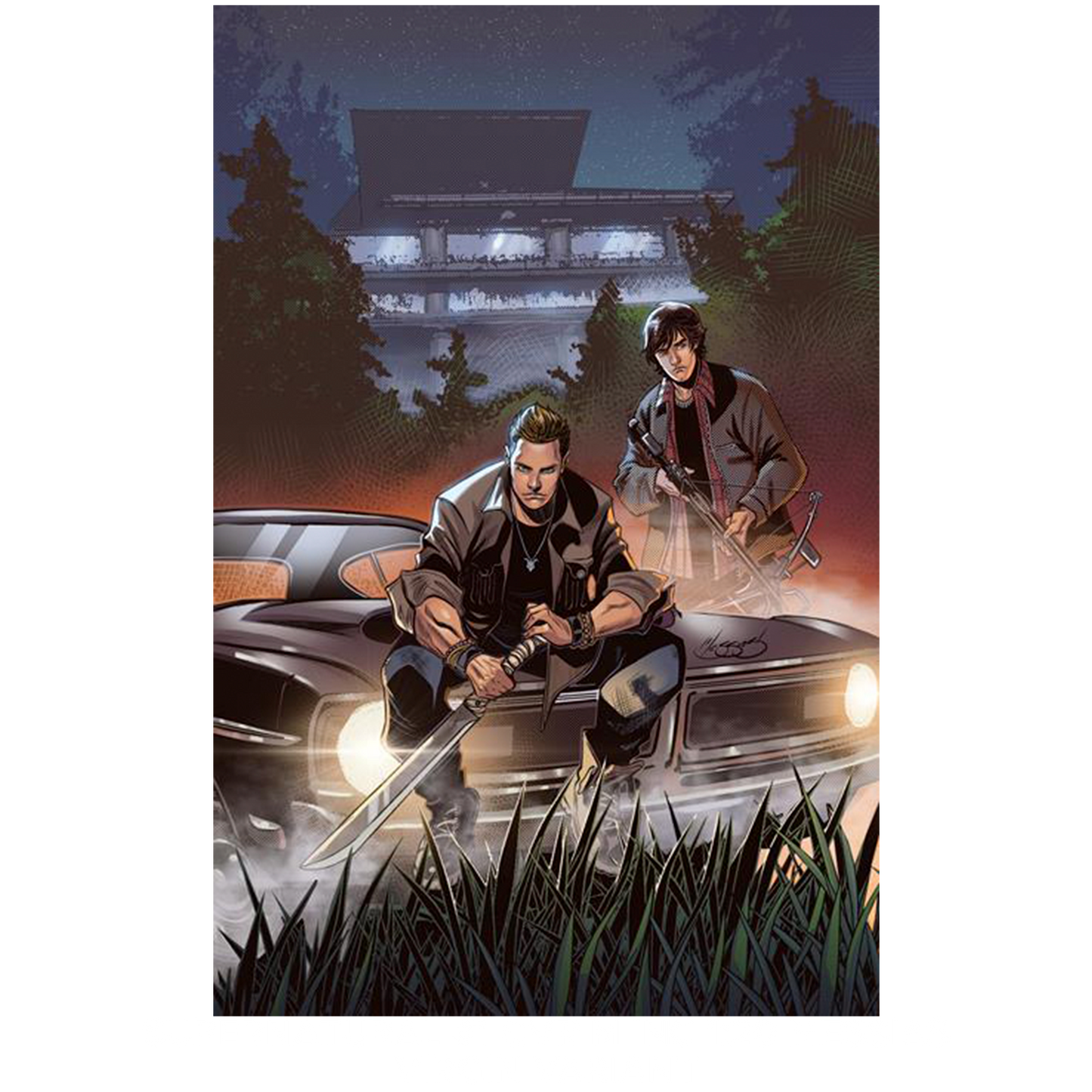 An image of Issue number 1 of the Supernatural comic book. The cover depicts a drawing of Sam and Dean Winchester sitting on the hood of a black 1967 Chevy Impala. In the background are trees and a large factory building. 