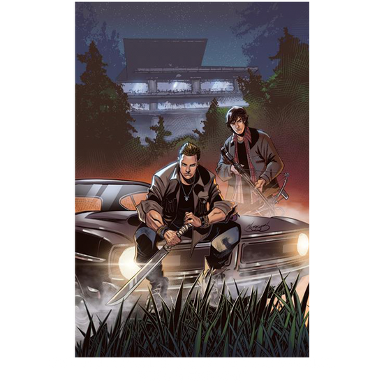 An image of Issue number 1 of the Supernatural comic book. The cover depicts a drawing of Sam and Dean Winchester sitting on the hood of a black 1967 Chevy Impala. In the background are trees and a large factory building. 
