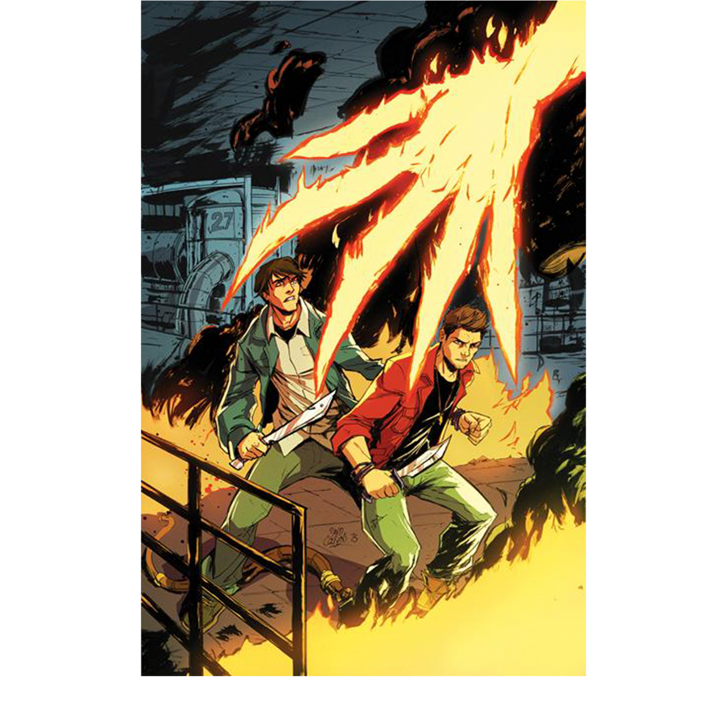 An image of Issue number 1 of the Supernatural comic book. The cover depicts a drawing of Sam and Dean Winchester battling a giant fiery hand in a factory. 