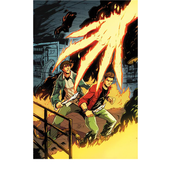 An image of Issue number 1 of the Supernatural comic book. The cover depicts a drawing of Sam and Dean Winchester battling a giant fiery hand in a factory. 