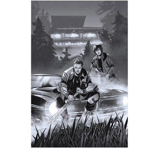 An image of Issue number 1 of the Supernatural comic book. The cover depicts a black and white drawing of Sam and Dean Winchester sitting on the hood of a black 1967 Chevy Impala. In the background are trees and a large factory building. 