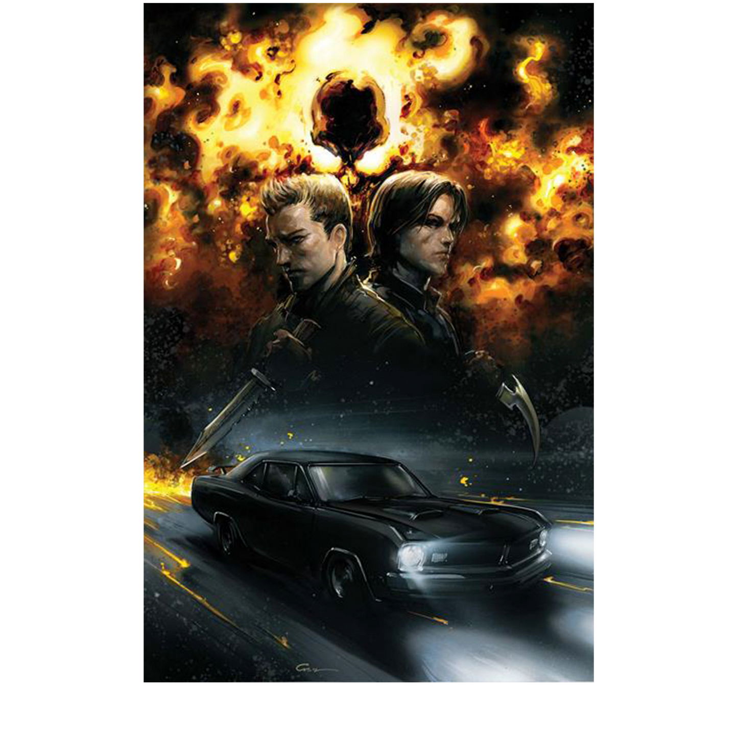 An image of Issue number 1 of the Supernatural comic book. The cover depicts a drawing of Sam and Dean Winchester above a drawing of a black 1967 Chevy Impala. Behind them is a cloud of flames. White text at the top says "Supernatural. 01"
