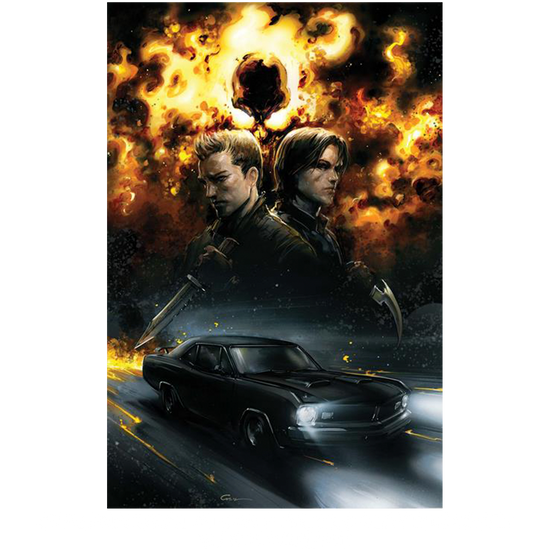 An image of Issue number 1 of the Supernatural comic book. The cover depicts a drawing of Sam and Dean Winchester above a drawing of a black 1967 Chevy Impala. Behind them is a cloud of flames. White text at the top says "Supernatural. 01"